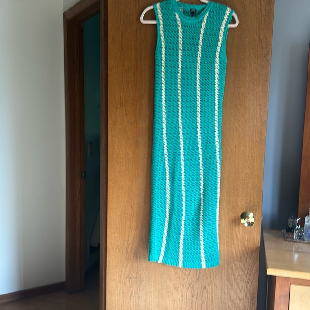 NWT Monrow Dress Crochet Midi Sleeveless in Cream Teal Striped Size L